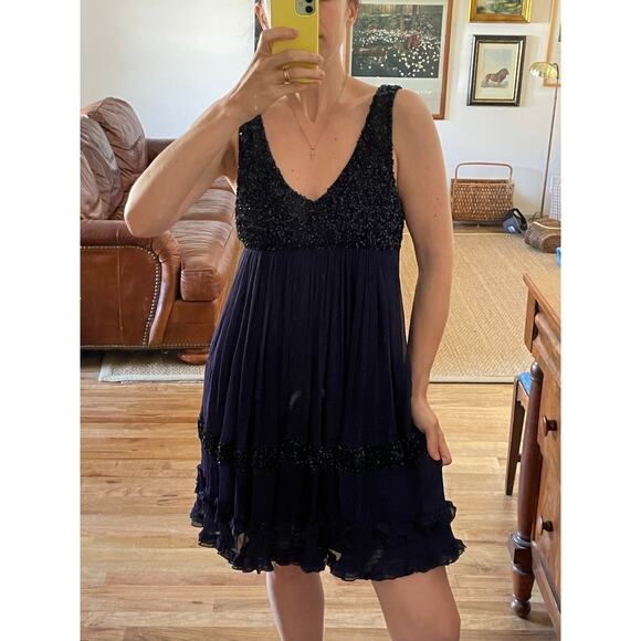 Y2K Silk Beaded Babydoll Dress Ruffle Hem Size Small - Picture 1 of 8